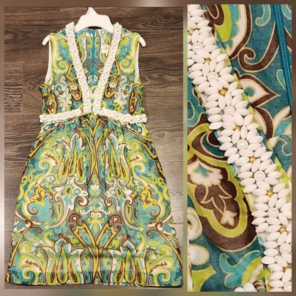 ❤️ NWOT! MILLY BEADED GREEN GOLD BROWN A-LINE DRESS, 2 - Picture 2 of 16